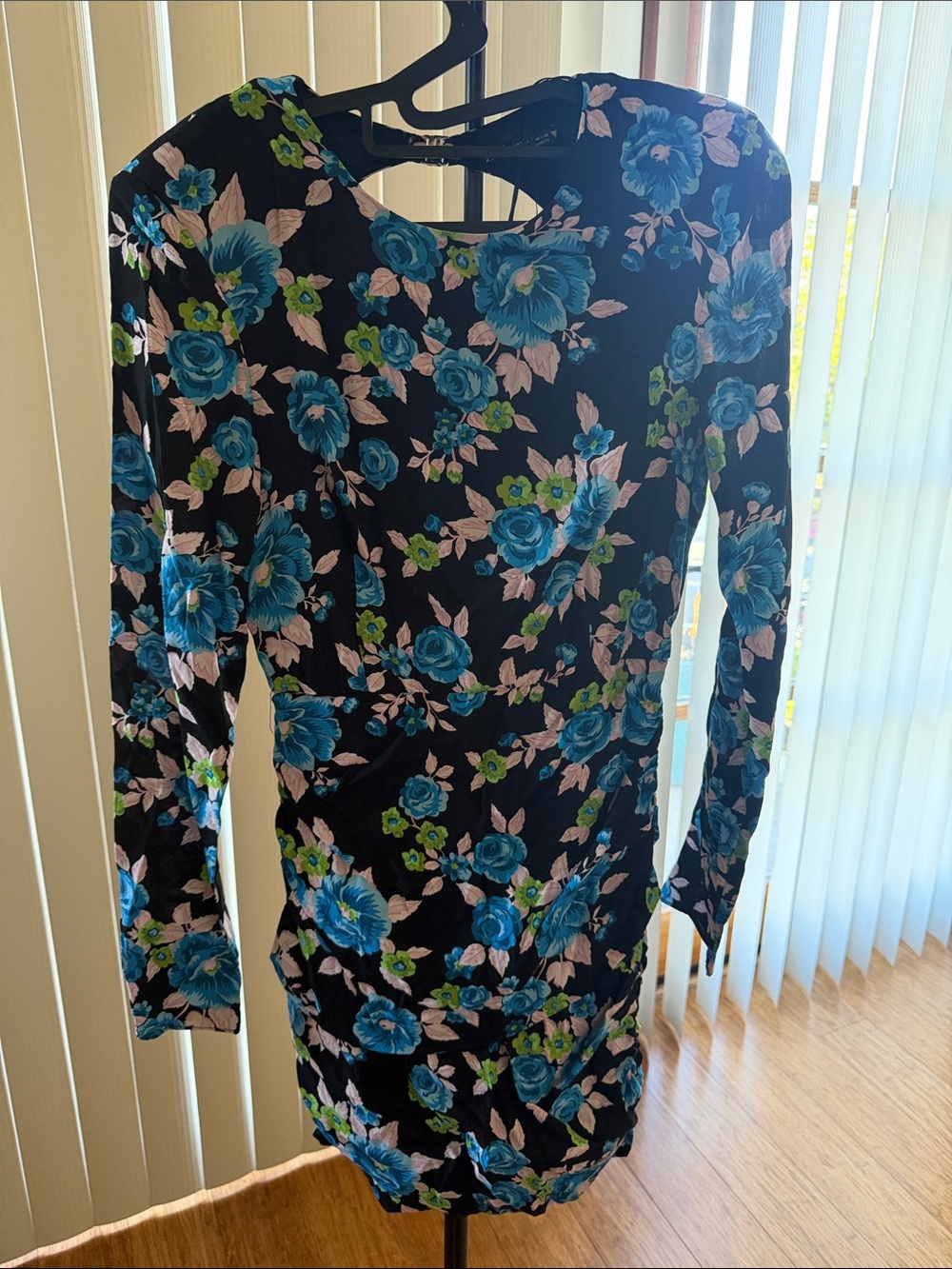 Zara Black Long-Sleeve Floral Bodycon Dress - Blue & Green Print
